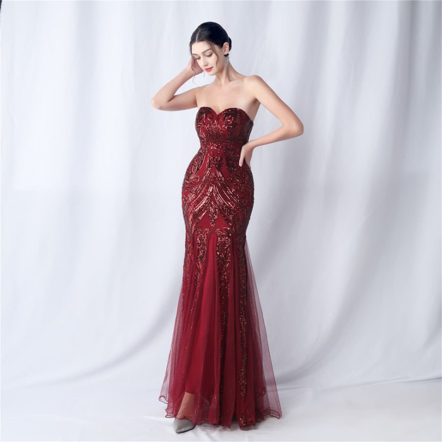 Strapless Sequins Frills Evening Gown (Maroon) (Made To Order)