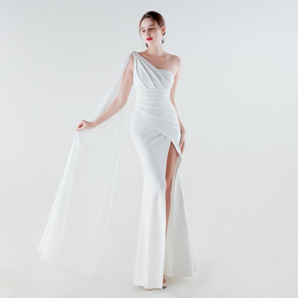 One Side Shoulder with Cape Scarf (White) (Make To Order)