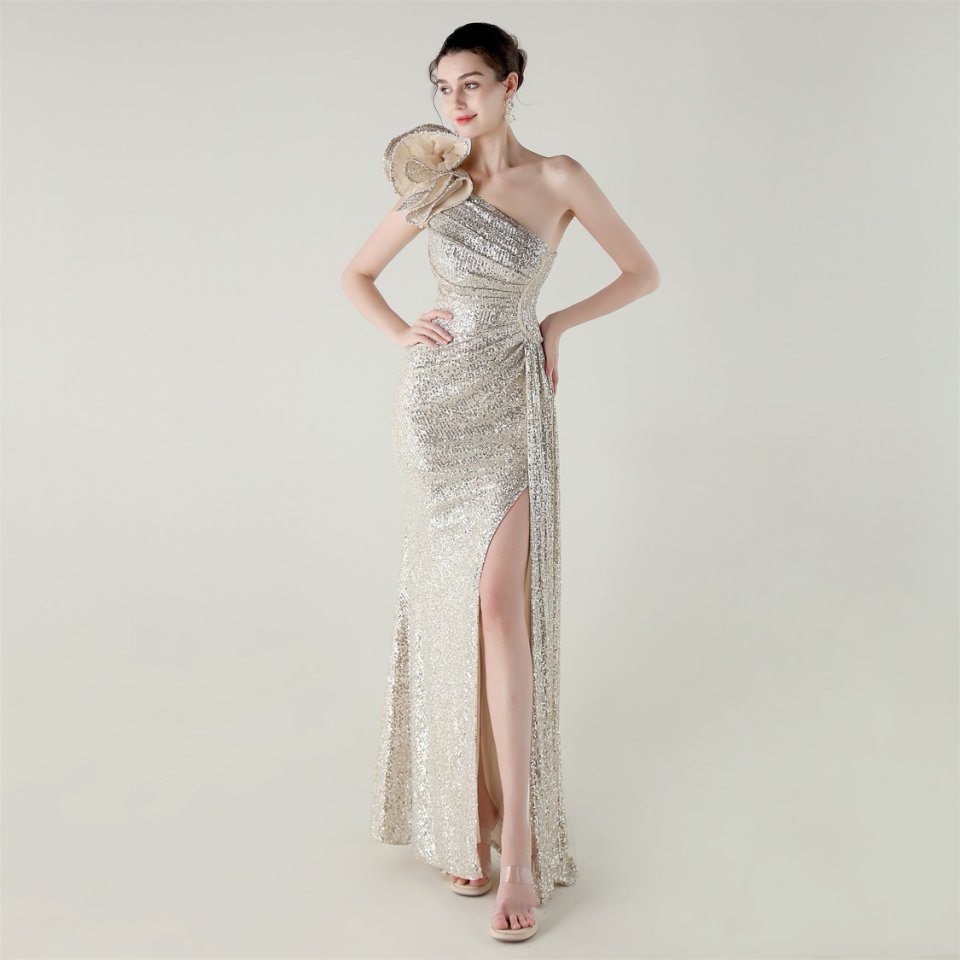 Gorgeous One Side Shoulder Pleated Sequins Evening Gown (Silver) (Made To Order)