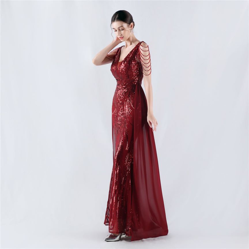 Elegant Crystal Beads Sequins Mermaid Cape Skirt Gown (Burgundy) (Made To Order)