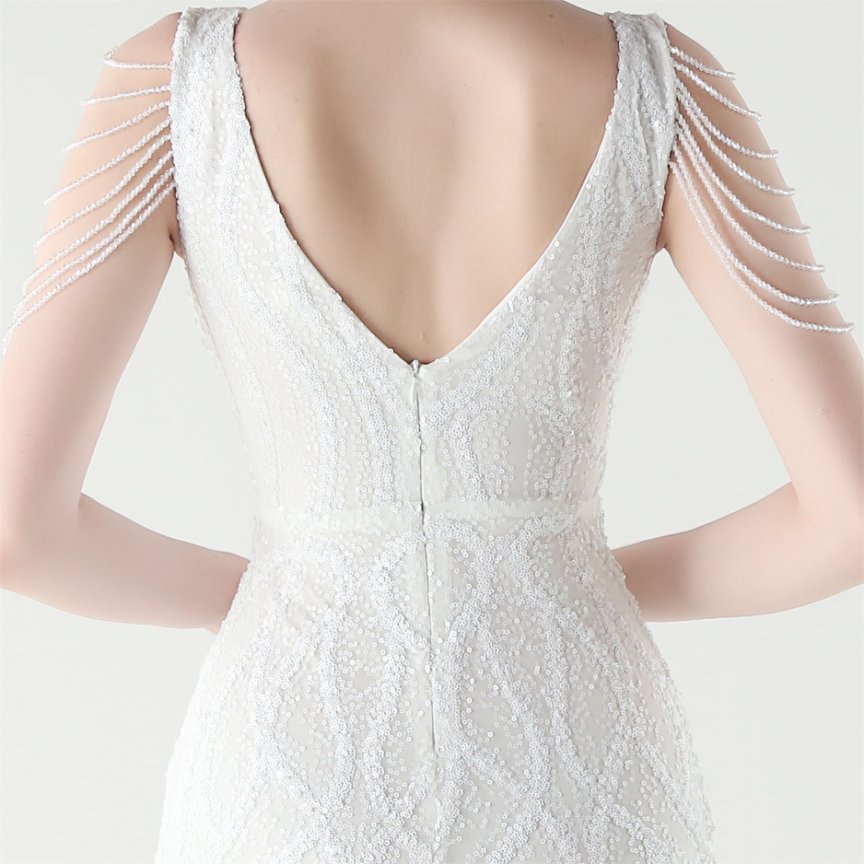 Fashion Crystal Beads with Splits Tail Evening Gown (White) (Made To Order)