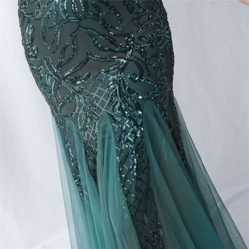 Cold Shoulder Feather Sequins Evening Gown (Green) (Made To Order)