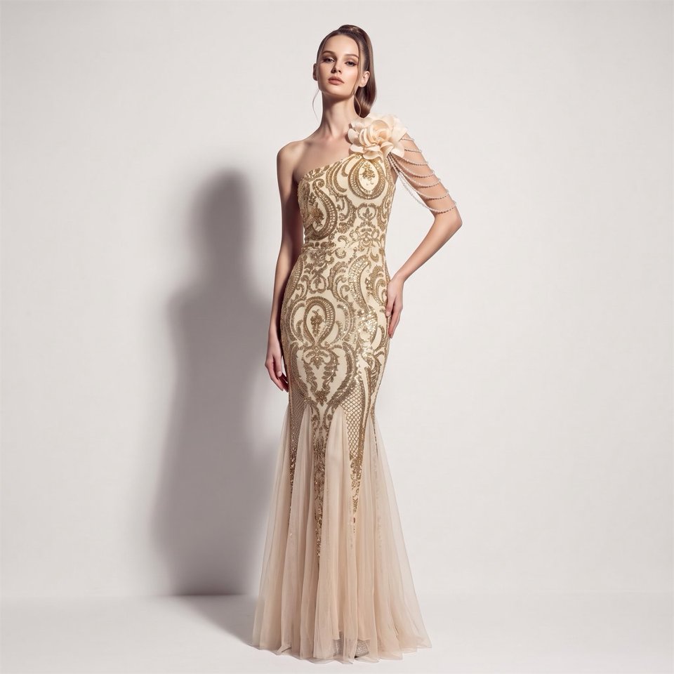 One Side Shoulder Flowering with Crystal Beads Evening Gown (Gold) (Made To Order)