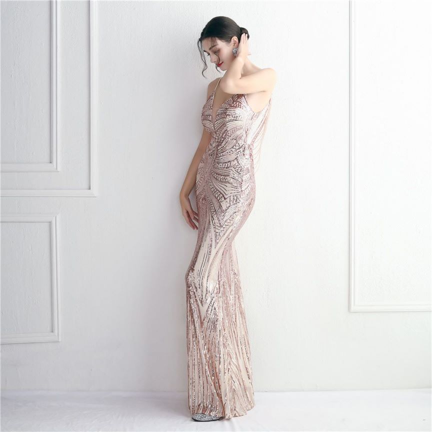Spaghetti Strap Sequins Evening Gown (Rosegold) (Made To Order)