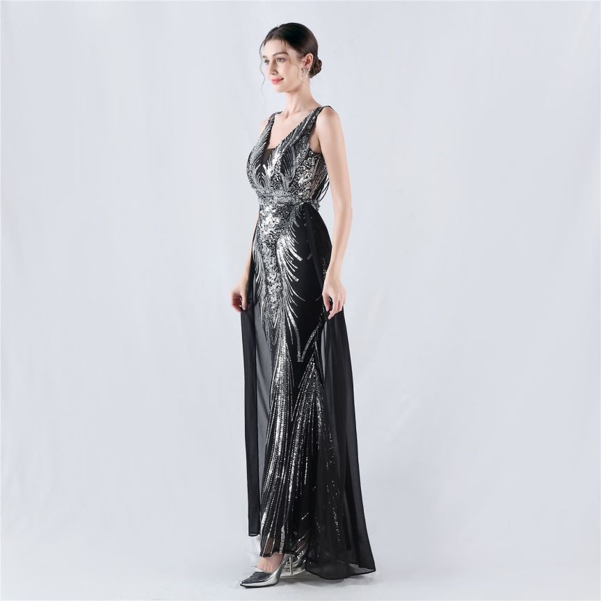 Gorgeous Back Crystal Beads Sequins Mermaid Cape Skirt Gown (Black Silver) (Made To Order)