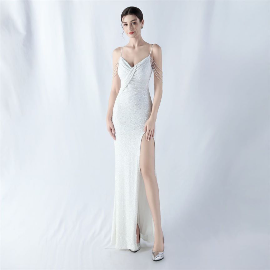 Spaghetti Padded Sequins Slit Gown (White) (Made To Order)