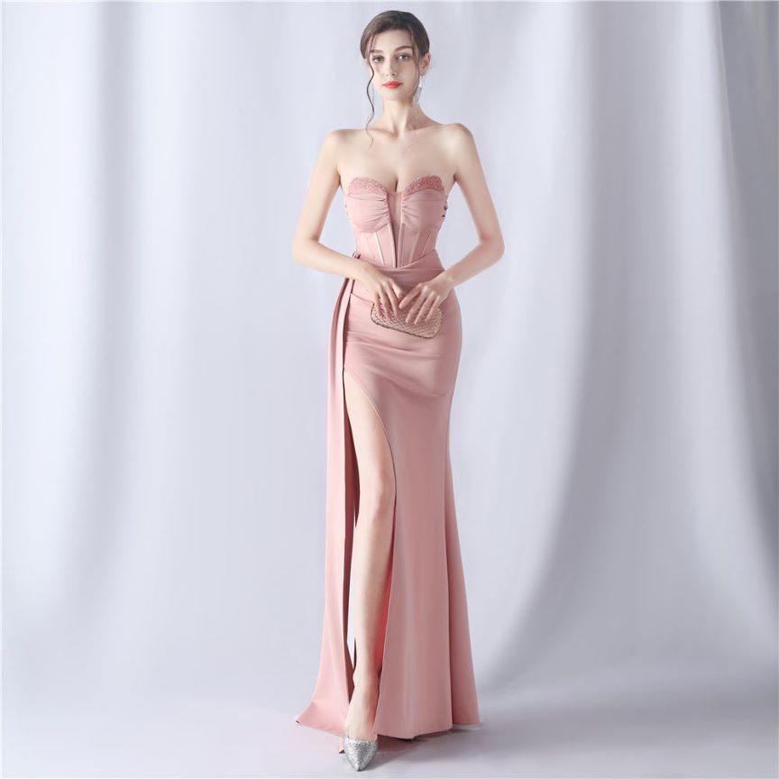 Strapless Sexy Corset With Side Split Evening Gown (Light Pink) (Made To Order)