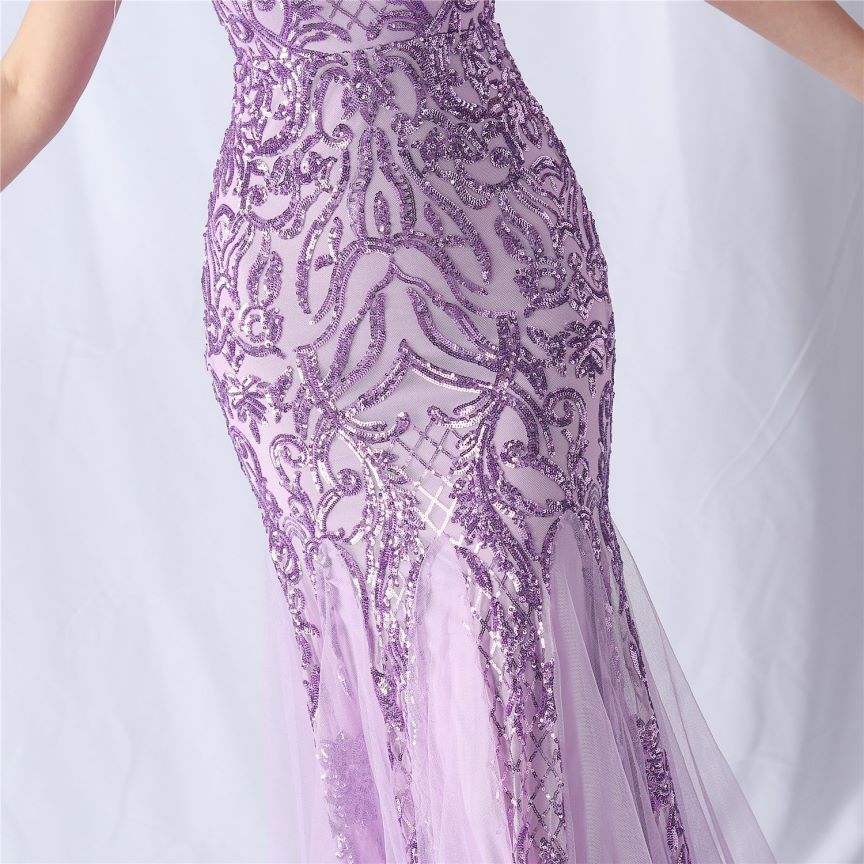 Cold Shoulder Feather Sequins Evening Gown (Purple) (Made To Order)