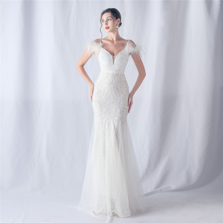 Cold Shoulder Feather Sequins Evening Gown (White) (Made To Order)