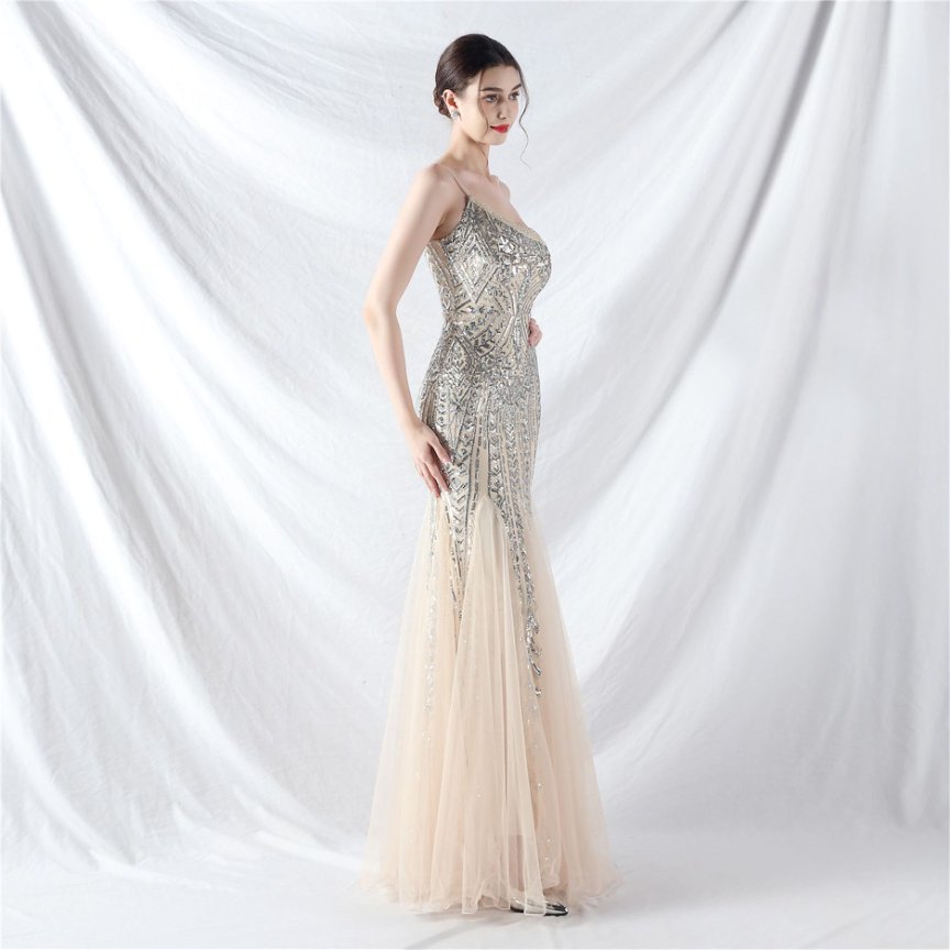 Elegant One-Shoulder Black Sequin Evening Gown with Tulle Skirt (Silver) (Made To Order)