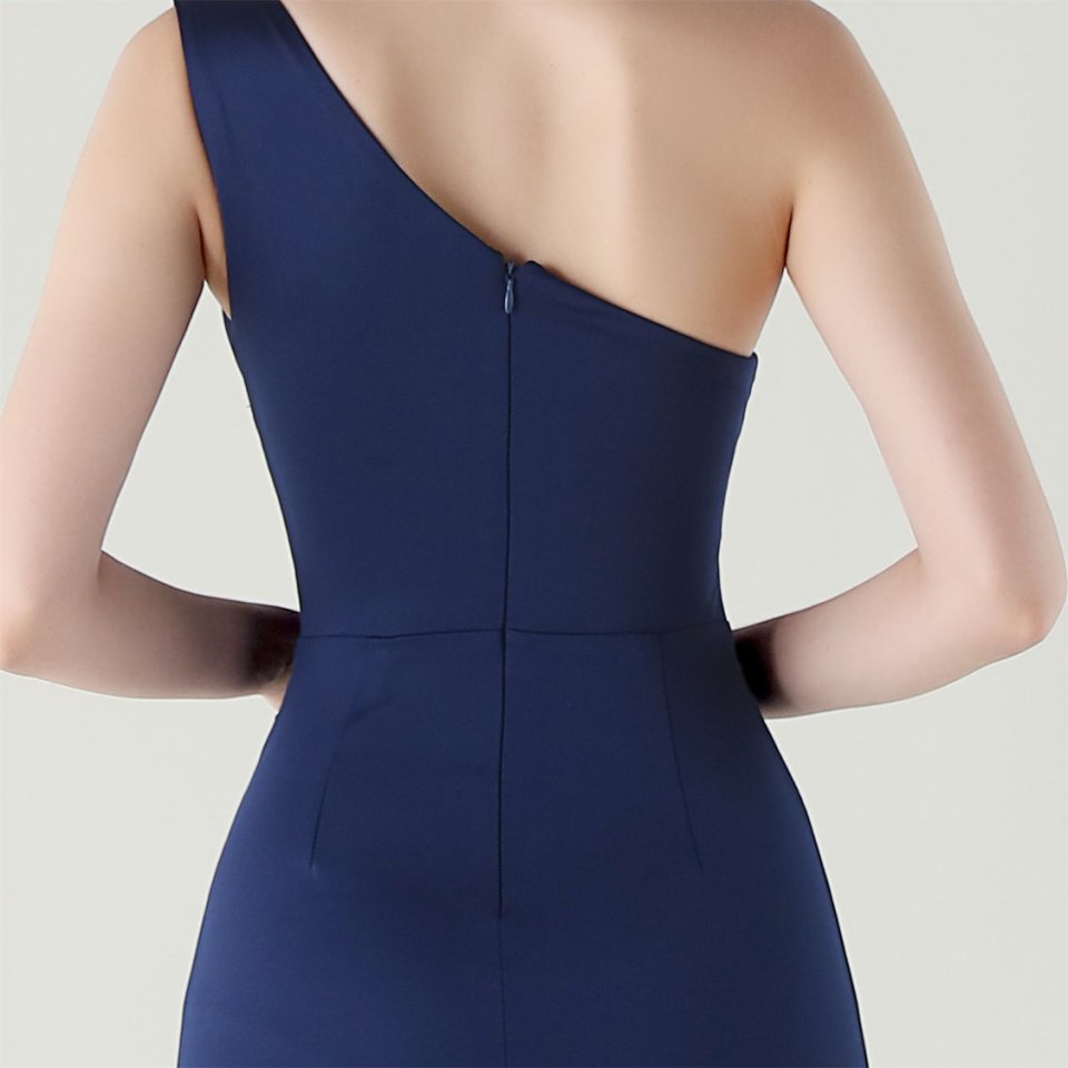 One Side Shoulder Pleated Evening Gown (Navy Blue) (Made To Order)