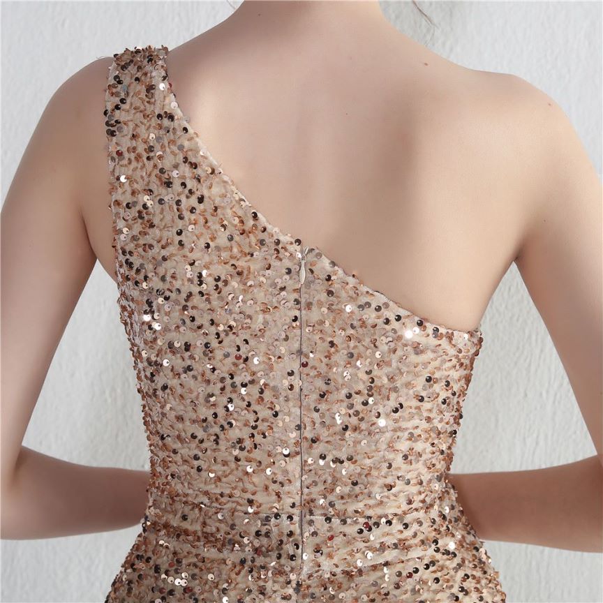 One Side Shoulder Sequins with Overlap Slit Evening Gowns (Gold) (Made To Order)