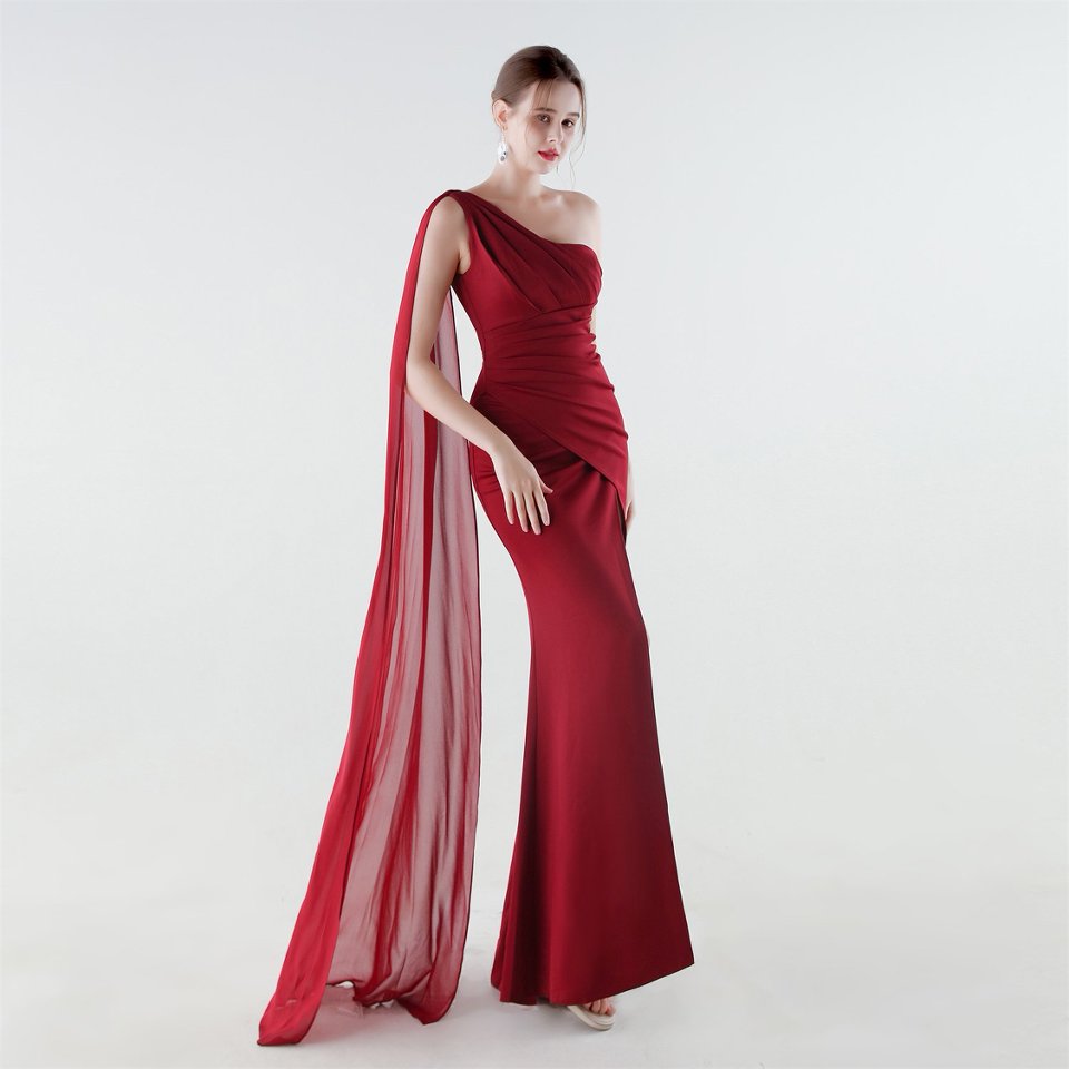 One Side Shoulder with Cape Scarf (Maroon) (Make To Order)