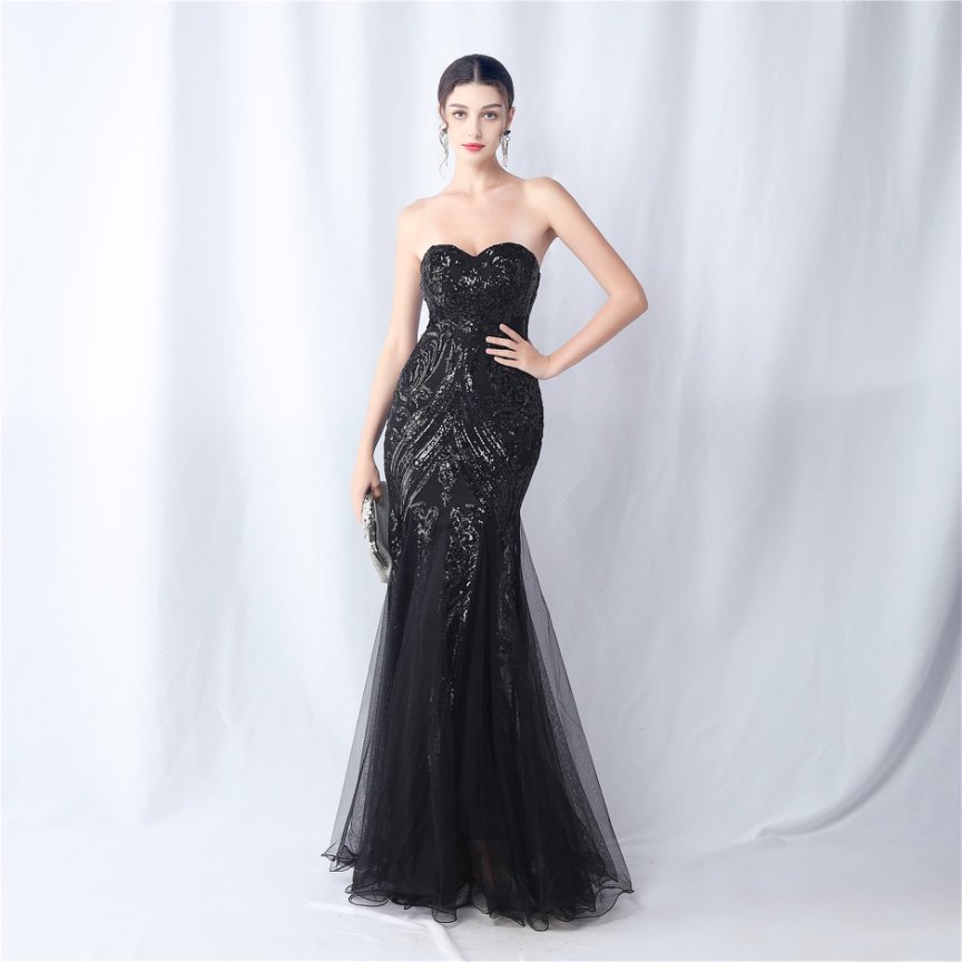 Strapless Sequins Frills Evening Gown (Black) (Made To Order)