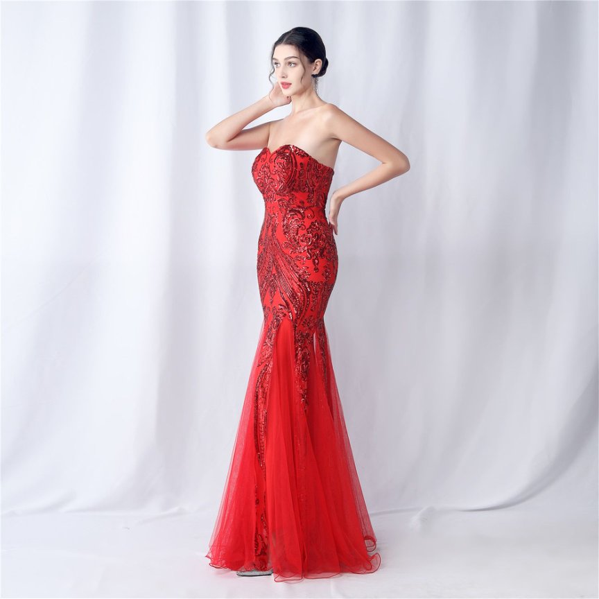 Strapless Sequins Frills Evening Gown (Red) (Made To Order)
