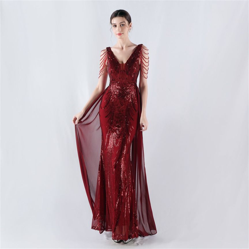 Elegant Crystal Beads Sequins Mermaid Cape Skirt Gown (Burgundy) (Made To Order)