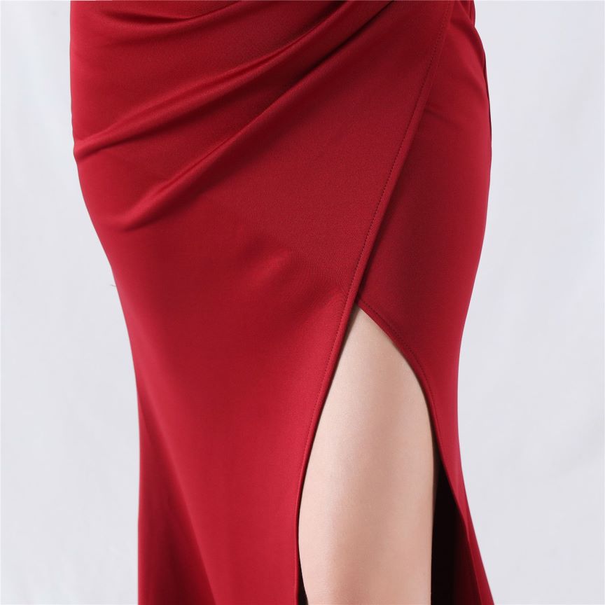Pleated Off Shoulder Slim Evening Dress (Burgundy) (Made To Order)