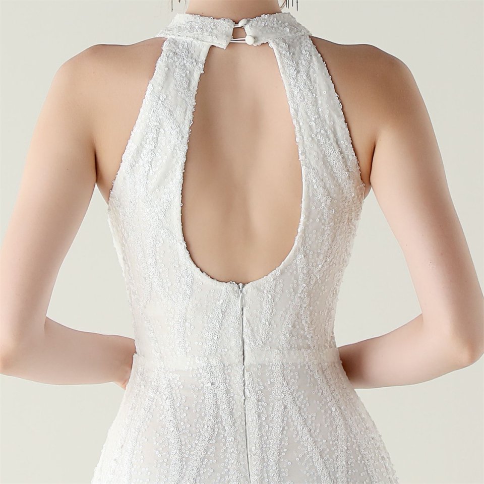 Halter Neck Sequins Backless Fitted Evening Gown (White) (Made To Order)