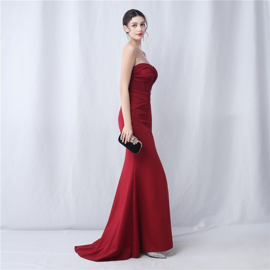 Strapless Solid Sexy Evening Gown (Maroon) (Made To Order)