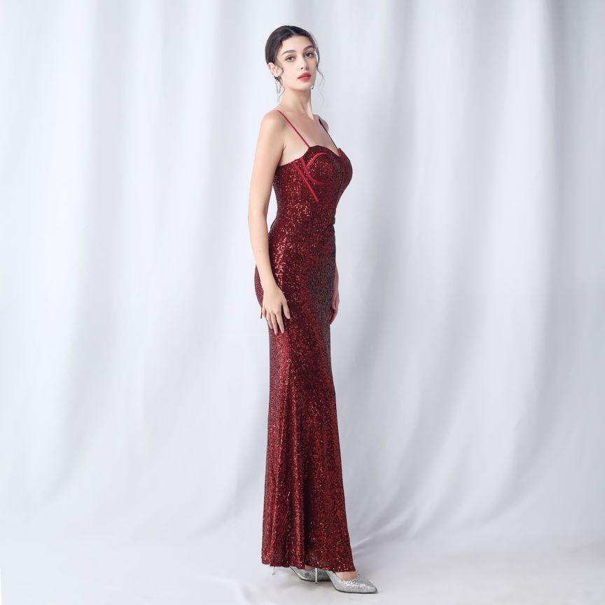Glamorous Spaghetti Sequins Evening Gown Maroon) (Made To Order)
