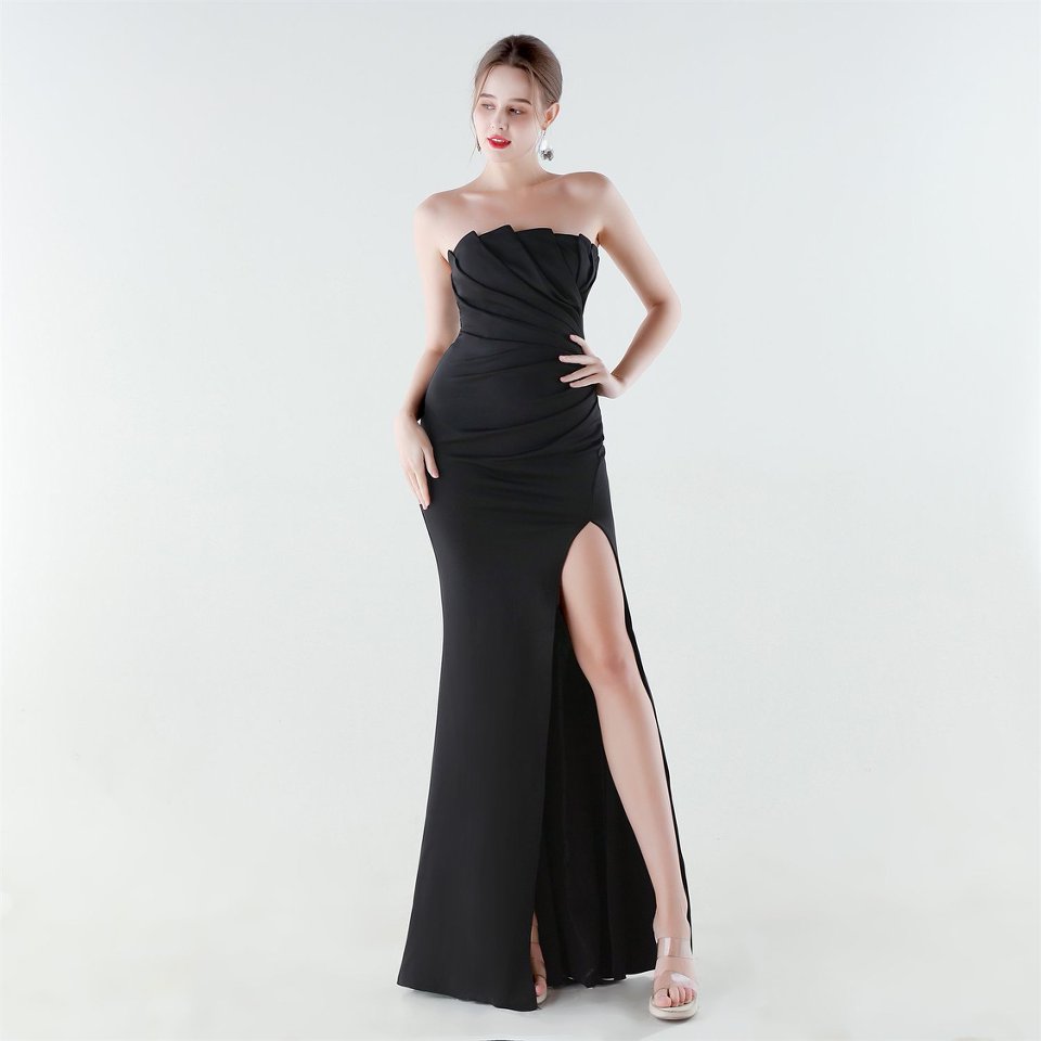 Strapless Pleated Layering Fitting Evening Gown (Black) (Made To Order)