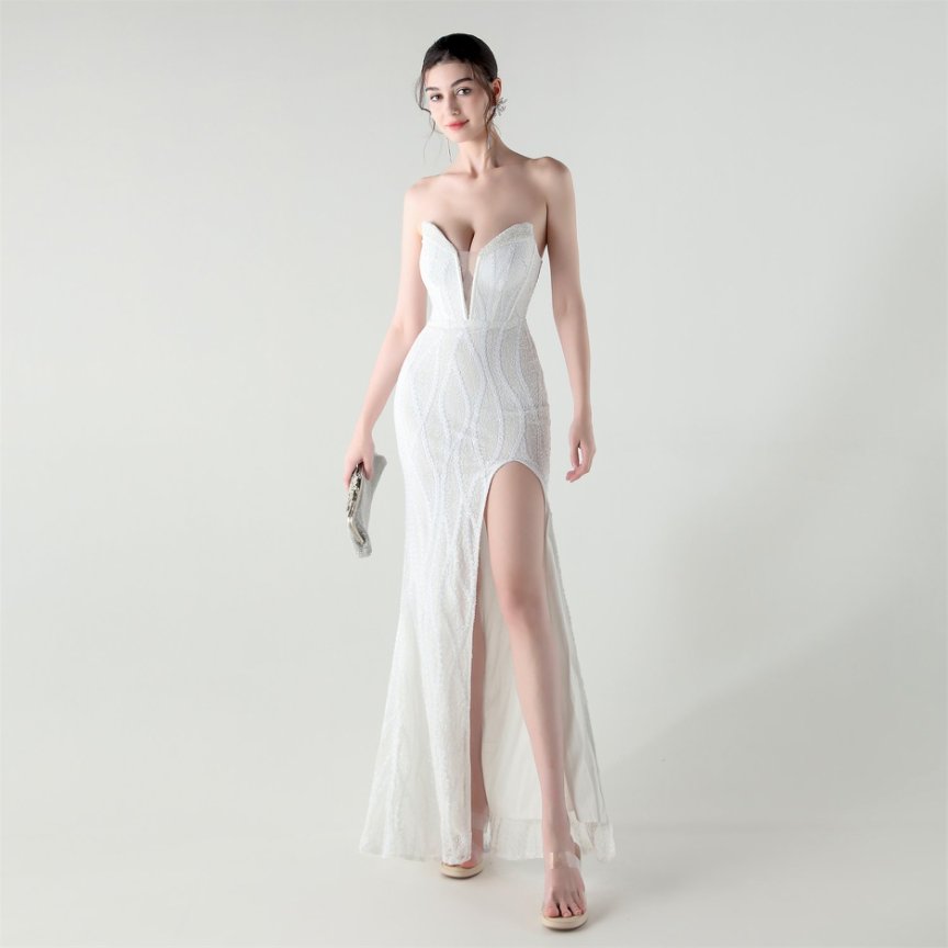 Strapless Sequins High Slit Evening Gown (White) (Retail)