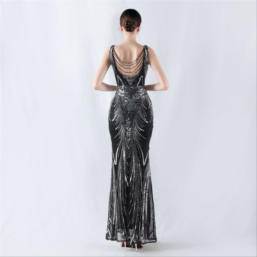 Gorgeous Back Crystal Beads Sequins Mermaid Cape Skirt Gown (Black Silver) (Made To Order)