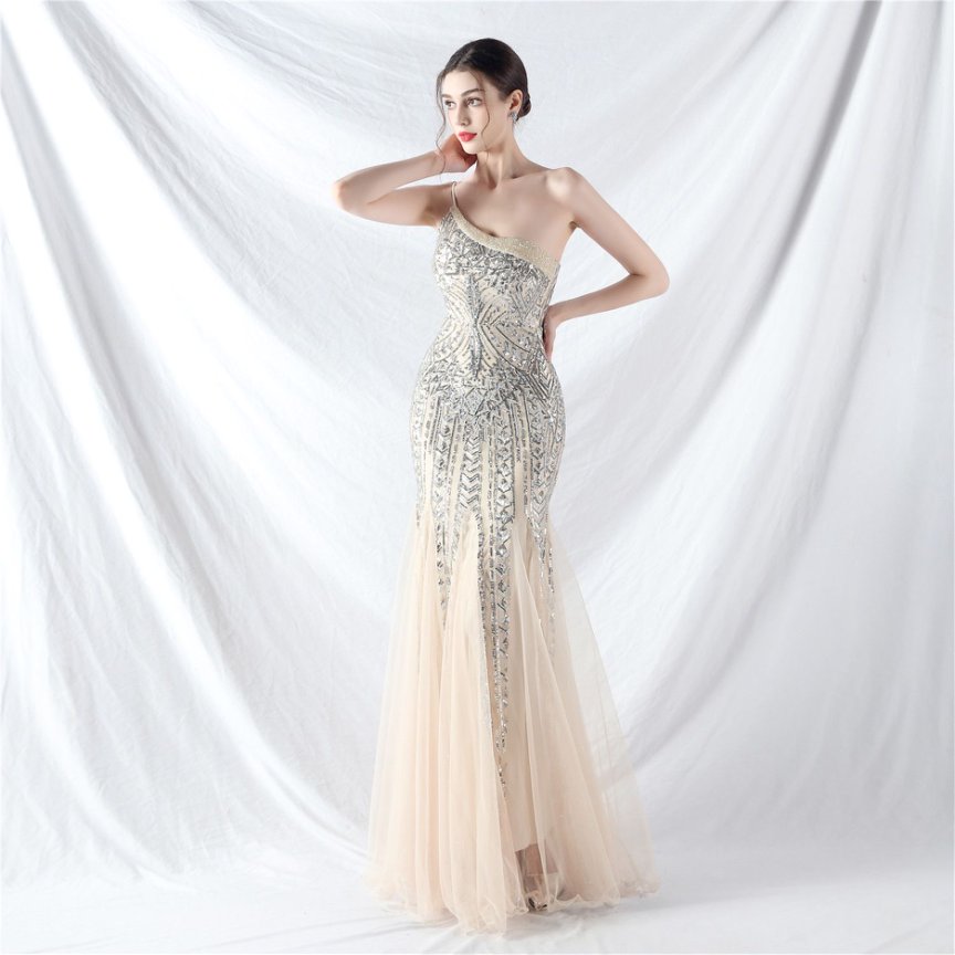 Elegant One-Shoulder Black Sequin Evening Gown with Tulle Skirt (Silver) (Made To Order)