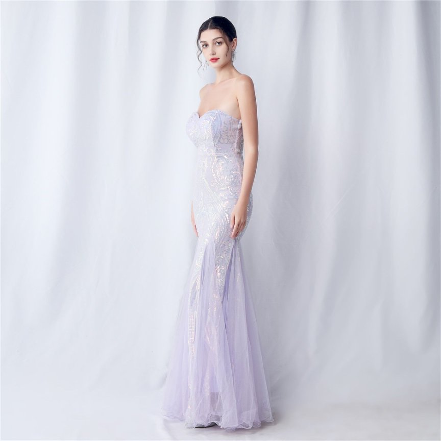 Strapless Sequins Frills Evening Gown (Lavender) (Made To Order)