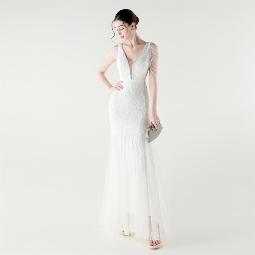 Fashion Crystal Beads with Splits Tail Evening Gown (White) (Made To Order)