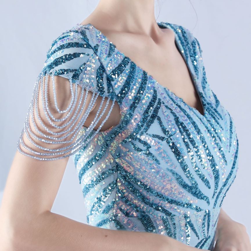 Sleeve Beads Sequins with A Line Evening Gown (Light Blue) (Made To Order)