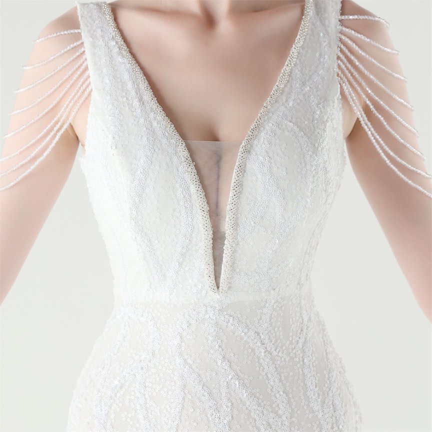 Fashion Crystal Beads with Splits Tail Evening Gown (White) (Made To Order)