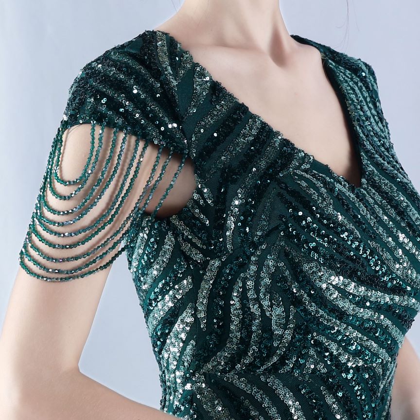 Sleeve Beads Sequins with A Line Evening Gown (Green) (Made To Order)