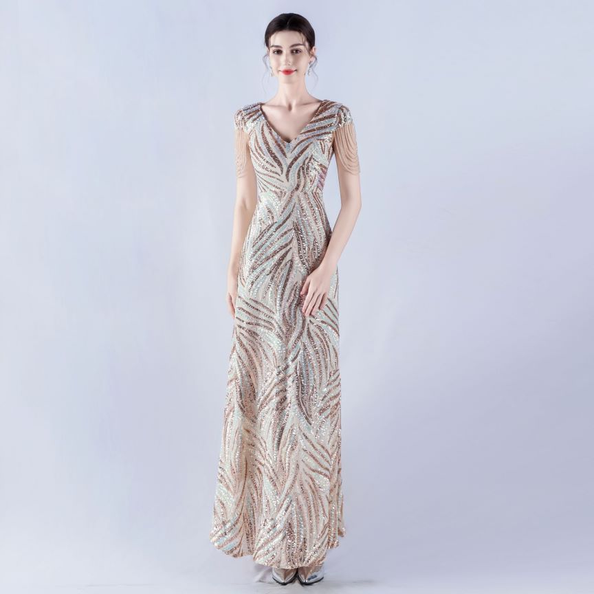 Sleeve Beads Sequins with A Line Evening Gown (Gold) (Made To Order)