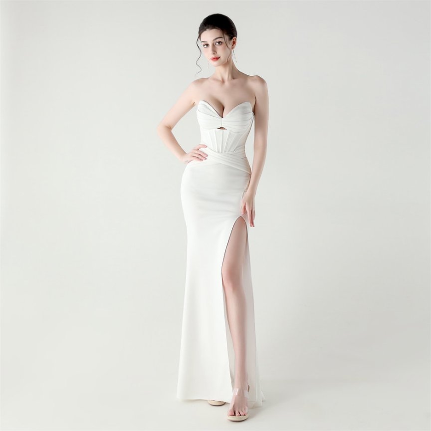 Strapless Pleated Corset Evening Gown (White) (Made To Order)