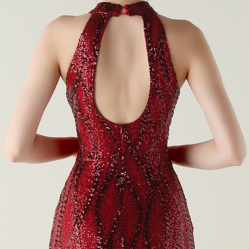 Halter Neck Sequins Backless Fitted Evening Gown (Red) (Made To Order)