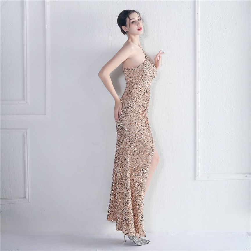 One Side Shoulder Sequins with Overlap Slit Evening Gowns (Gold) (Made To Order)