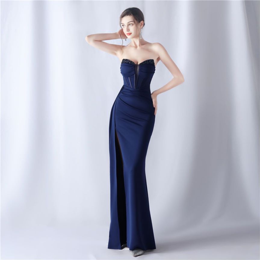 Strapless Sexy Corset With Side Split Evening Gown (Navy Blue) (Made To Order)