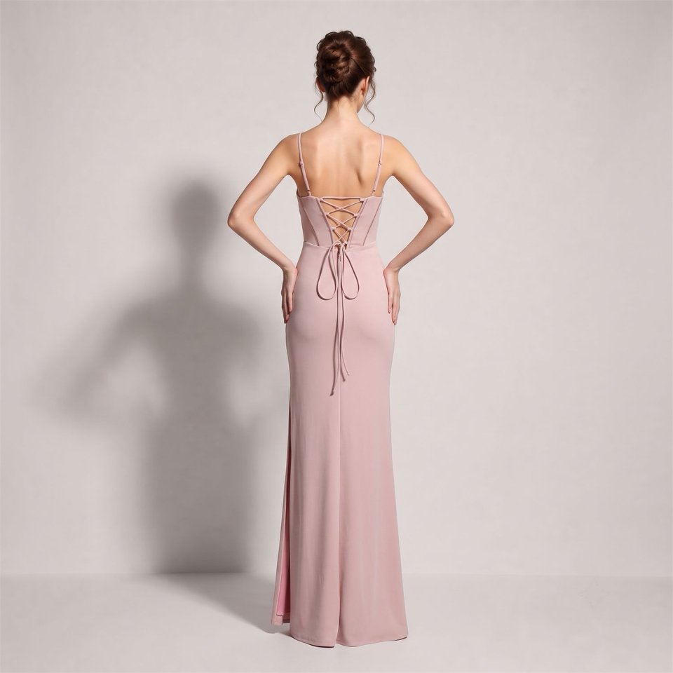 Spaghetti Ruched Corset Slit Evening Gown (Pink) (Made To Order)