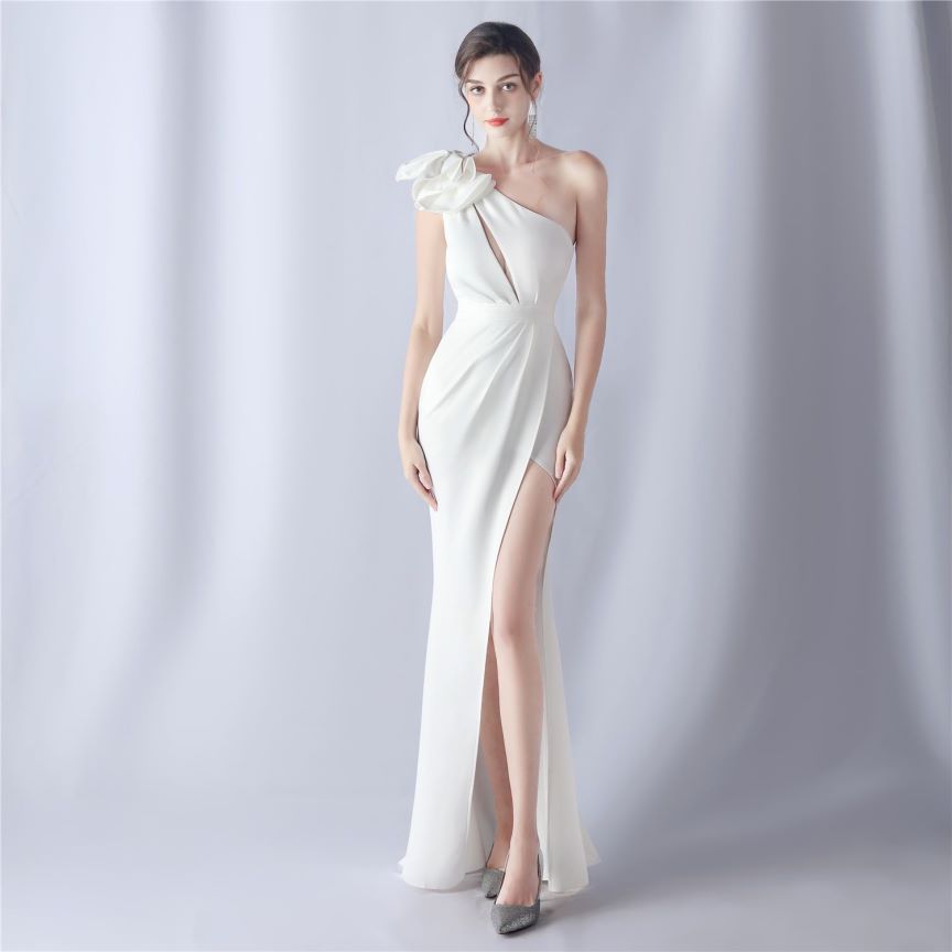Glamorous One Side Shoulder with Overlap Slit Evening Dress (White) (Made To Order)