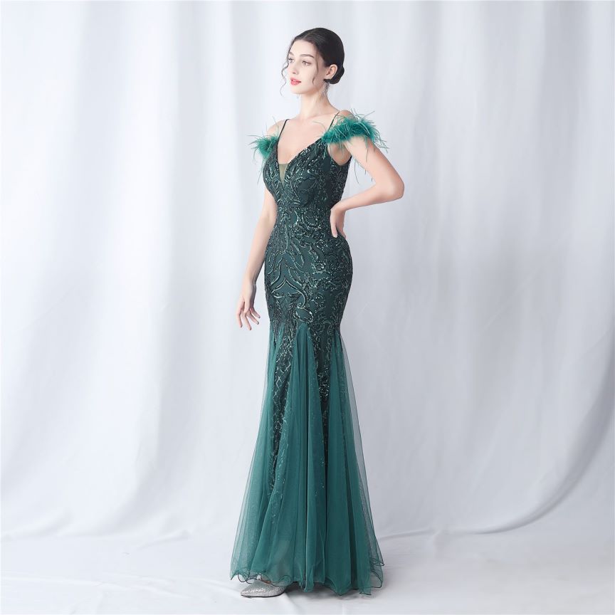 Cold Shoulder Feather Sequins Evening Gown (Green) (Made To Order)
