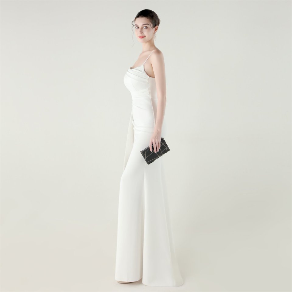 Spaghetti Pleated Waist Evening Gown (White) (Made To Order)