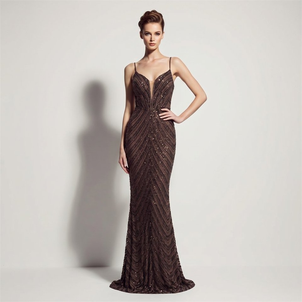 Deep V-Neck Sequin Evening Dress (Coffee) (Made To Order)