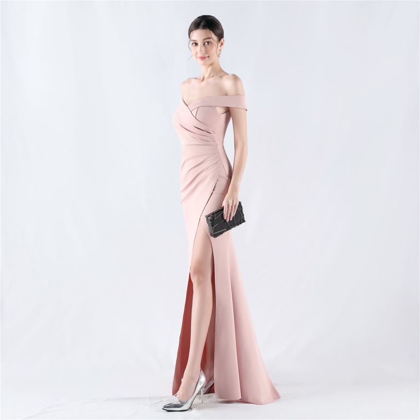 Pleated Off Shoulder Slim Evening Dress (Pink) (Made To Order)