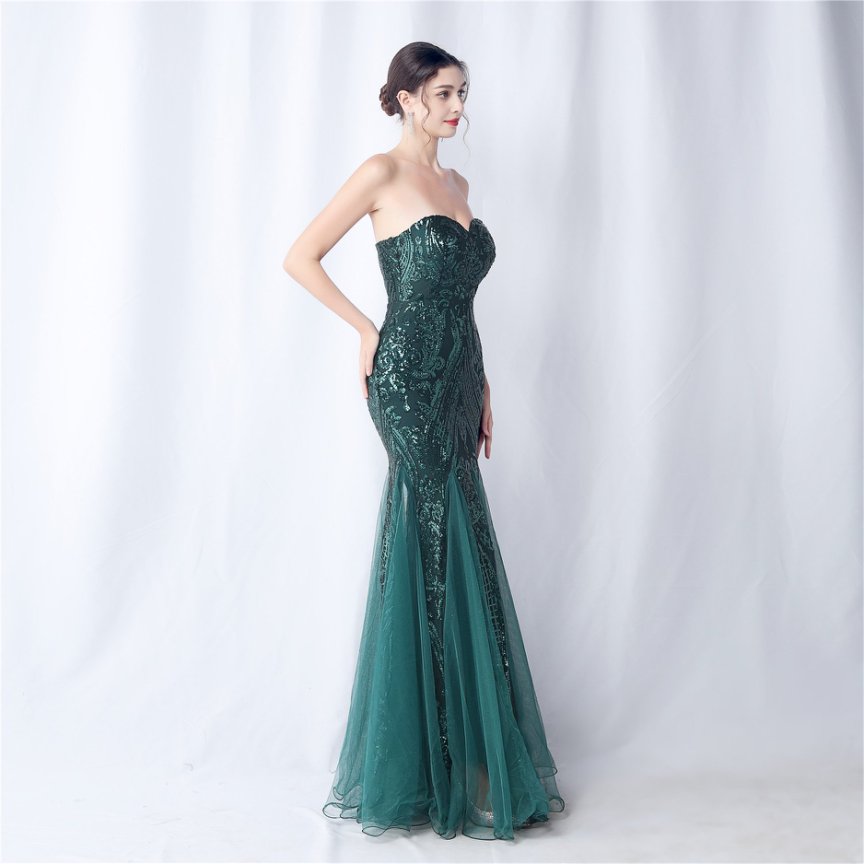 Strapless Sequins Frills Evening Gown (Green) (Made To Order)