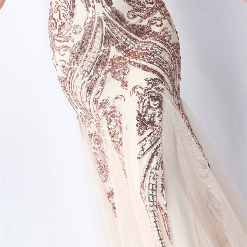 Strapless Sequins Frills Evening Gown (Rose Gold) (Made To Order)