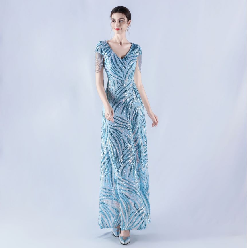 Sleeve Beads Sequins with A Line Evening Gown (Light Blue) (Made To Order)