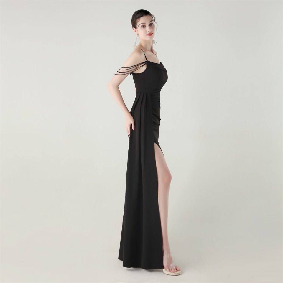 Crystal Beads Spaghetti Pleated Waist Evening Gown (Black) (Made To Order)
