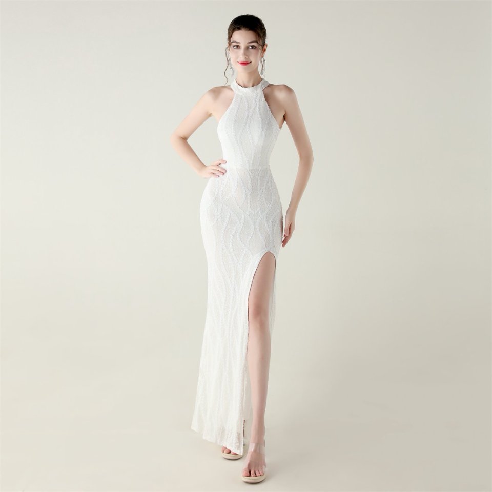 Halter Neck Sequins Backless Fitted Evening Gown (White) (Made To Order)