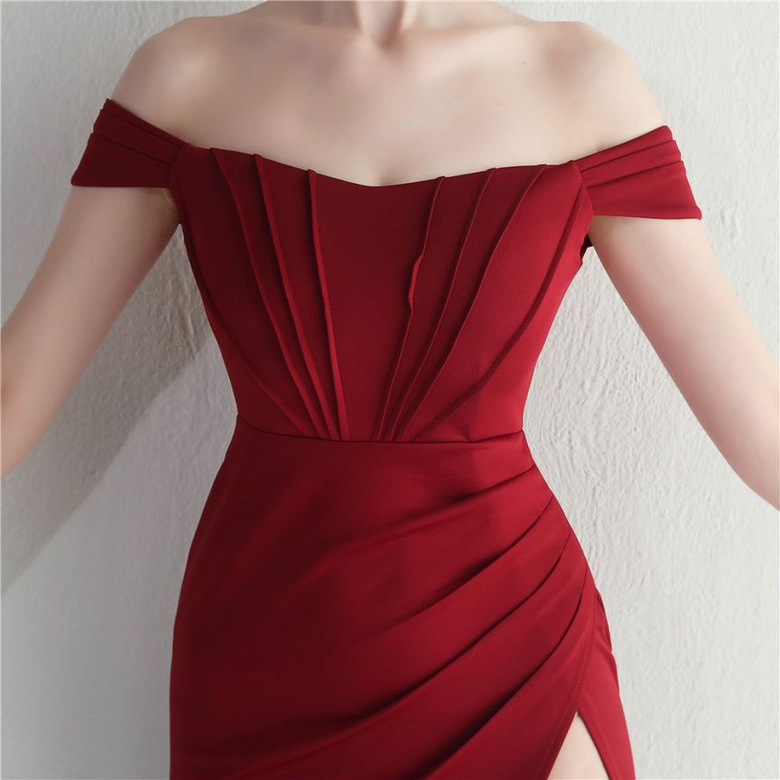 Off Shoulder Fitted with Overlap Slit Evening Gown (Maroon) (Made To Order)